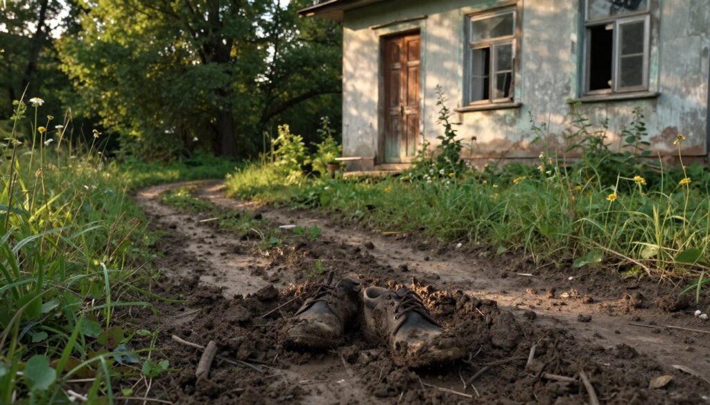 A muddy pathway leading to a house, showcasing the contrast between the natural world and human habitation. In the foreground, thick, dark mud clings to worn shoes, symbolizing struggle and challenges. The middle ground features a modest, weathered cottage with a worn wooden door and cracked windows, partially hidden behind overgrown grass and wildflowers, emphasizing a sense of neglect. In the background, a dense green forest looms, with soft, diffused sunlight filtering through the leaves, creating a serene yet somber atmosphere. The lighting is warm, casting gentle shadows that highlight the mud's texture, conveying an interaction between the environment and the home, evoking feelings of introspection and caution. A muddy pathway leading to a house, showcasing the contrast between the natural world and human habitation. In the foreground, thick, dark mud clings to worn shoes, symbolizing struggle and challenges. The middle ground features a modest, weathered cottage with a worn wooden door and cracked windows, partially hidden behind overgrown grass and wildflowers, emphasizing a sense of neglect. In the background, a dense green forest looms, with soft, diffused sunlight filtering through the leaves, creating a serene yet somber atmosphere. The lighting is warm, casting gentle shadows that highlight the mud's texture, conveying an interaction between the environment and the home, evoking feelings of introspection and caution.