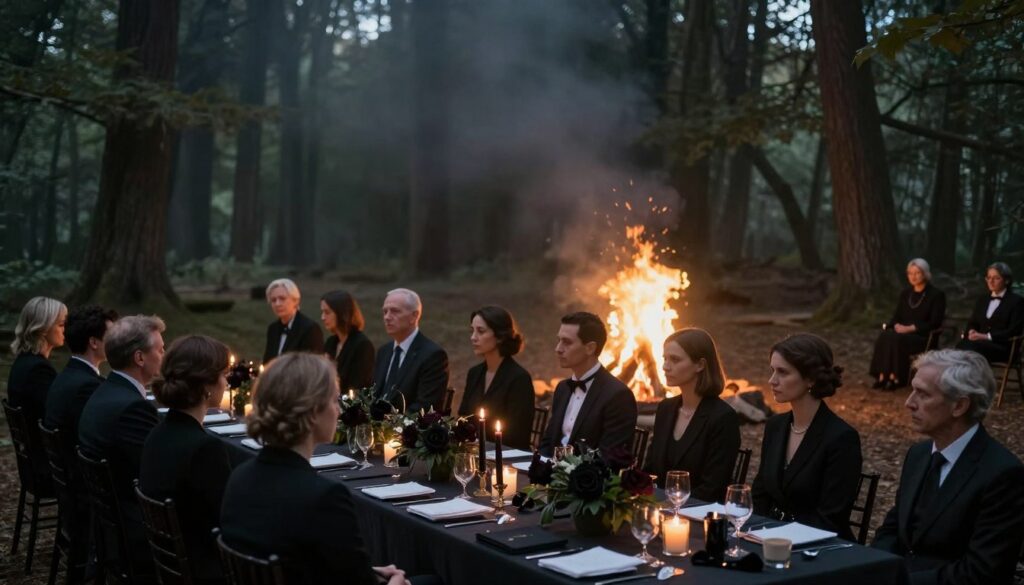 A mysterious and atmospheric scene depicting a "Czarne Wesele" ritual set in an elegant, dimly lit forest clearing. In the foreground, a long table adorned with black candles and dark floral centerpieces is surrounded by guests dressed in tasteful, professional black attire, their expressions somber yet engaged. The middle ground features a bonfire flickering softly, casting warm golden hues that contrast with the overall darkness of the setting. In the background, tall, shadowy trees loom, partially cloaked in mist, enhancing the enigmatic mood. The lighting is soft and moody, with a focus on the intimate glow of the candles, creating a sense of sacredness and reverence for the ritual. The angle captures the scene from a slightly elevated perspective, allowing a comprehensive view of the gathering and the natural surroundings.