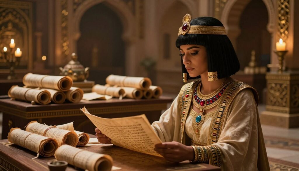 A mysterious and captivating scene depicting the Queen of Sheba analyzing ancient prophecies in a richly decorated chamber filled with scrolls and artifacts. In the foreground, the queen, adorned in elegant, traditional attire with intricate patterns and gemstones, studies an open scroll under soft, warm candlelight. Her expression is thoughtful and focused, suggesting deep contemplation. The middle ground features a wooden table cluttered with additional scrolls and ancient texts. In the background, ornate architecture with golden accents and dimly lit arches adds to the ambiance, creating a sense of history and reverence. The lighting is soft yet illuminating, casting shadows that enhance the atmosphere of mystery and wisdom. The overall mood is contemplative, inviting viewers to ponder the significance of the prophecies. A mysterious and captivating scene depicting the Queen of Sheba analyzing ancient prophecies in a richly decorated chamber filled with scrolls and artifacts. In the foreground, the queen, adorned in elegant, traditional attire with intricate patterns and gemstones, studies an open scroll under soft, warm candlelight. Her expression is thoughtful and focused, suggesting deep contemplation. The middle ground features a wooden table cluttered with additional scrolls and ancient texts. In the background, ornate architecture with golden accents and dimly lit arches adds to the ambiance, creating a sense of history and reverence. The lighting is soft yet illuminating, casting shadows that enhance the atmosphere of mystery and wisdom. The overall mood is contemplative, inviting viewers to ponder the significance of the prophecies.