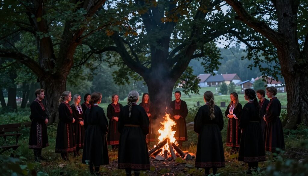 A mystical "Czarne Wesele" ceremony taking place in a lush, dimly-lit forest, evoking the essence of Slavic traditions. In the foreground, a group of elegantly dressed individuals in traditional attire gather around a fire, their expressions reflecting solemnity and reverence. They are adorned in deep, dark colors with subtle embroidery, capturing the ritual's enigmatic nature. In the middle ground, ancient trees loom with intricate foliage, creating a canopy that filters soft, ambient light. The background features a faint outline of a quaint village, shrouded in twilight mist, adding to the atmosphere of mystery. The overall mood is enchanting and slightly eerie, inviting viewers into a world steeped in history and folklore. The scene is rendered in high detail, with a shallow depth of field to emphasize the characters while maintaining the forest's allure.