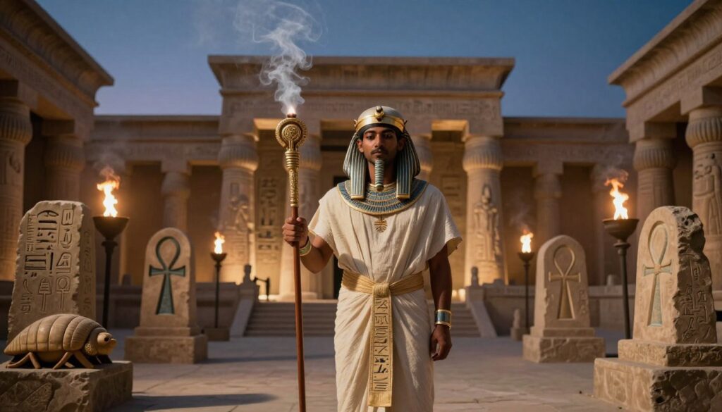 A mystical ancient Egyptian ritual takes center stage, featuring a solemn priest in traditional linen clothing. The priest holds a ceremonial staff adorned with hieroglyphics, while incense rises in swirling wisps, filling the air with a sense of spirituality. Surrounding the priest are sacred symbols, such as the ankh and scarab, meticulously carved in stone. In the background, a grand temple looms, illuminated by soft, flickering torchlight that casts long shadows, enhancing the atmosphere of reverence. The sky is painted in deep twilight hues, reflecting the divine connection between the earthly and the celestial. The scene captures a sense of ancient wisdom and cultural significance, evoking the mysteries of the past in a serene yet powerful composition.