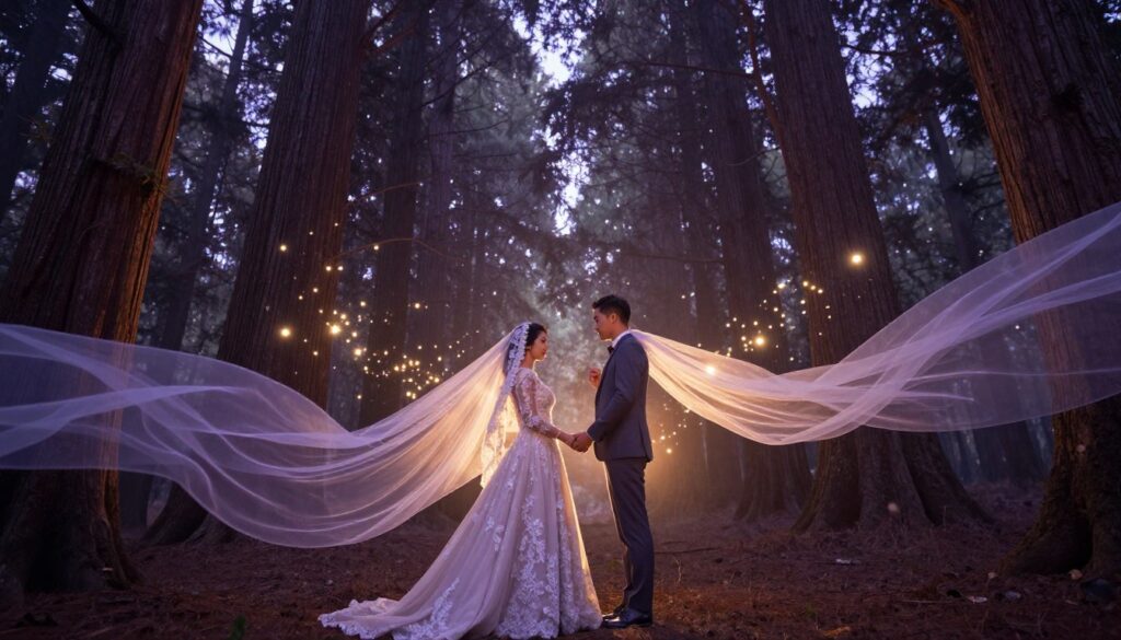 A mystical and dreamlike wedding scene unfolds in a twilight forest. In the foreground, an elegantly dressed couple stands hand in hand, their attire reflecting both contemporary fashion and cultural traditions. The bride wears a flowing gown adorned with delicate lace, while the groom is in a sharp, tailored suit. In the middle ground, soft ethereal lights twinkle among the trees, creating an enchanting atmosphere. Wispy, translucent veils float gently in the air, adding to the dreamlike quality. The background features towering ancient trees that seem to whisper secrets, bathed in a soft, magical glow. The lighting is dreamy with shades of purple and gold, evoking feelings of mysticism and cultural heritage associated with love and commitment. The angle is slightly elevated, providing a unique perspective that captures the grandeur of this intimate moment. A mystical and dreamlike wedding scene unfolds in a twilight forest. In the foreground, an elegantly dressed couple stands hand in hand, their attire reflecting both contemporary fashion and cultural traditions. The bride wears a flowing gown adorned with delicate lace, while the groom is in a sharp, tailored suit. In the middle ground, soft ethereal lights twinkle among the trees, creating an enchanting atmosphere. Wispy, translucent veils float gently in the air, adding to the dreamlike quality. The background features towering ancient trees that seem to whisper secrets, bathed in a soft, magical glow. The lighting is dreamy with shades of purple and gold, evoking feelings of mysticism and cultural heritage associated with love and commitment. The angle is slightly elevated, providing a unique perspective that captures the grandeur of this intimate moment.