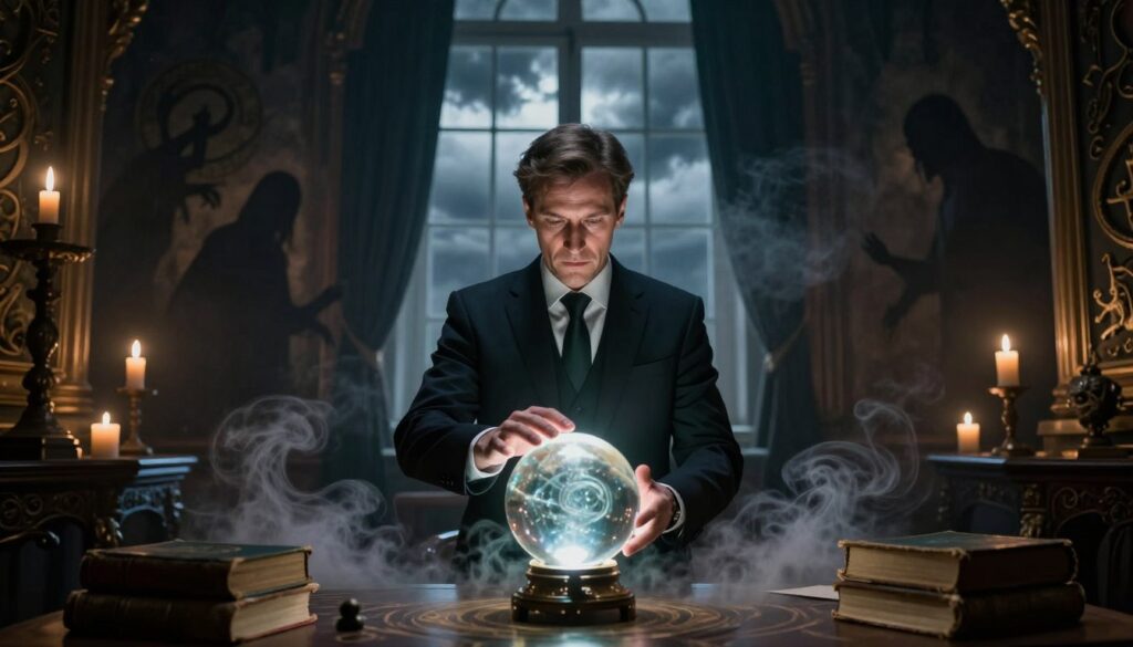 A mystical and enigmatic scene depicting a psychic seer, Wojciech Glanc, standing in an ornate, dimly lit room filled with candles and old books. The foreground features Glanc dressed in professional business attire, focused intently on a crystal ball on a finely carved wooden table, surrounded by swirling mists. In the middle ground, the walls are adorned with mysterious symbols and shifting shadowy figures that suggest a blend of intrigue and controversy. The background reveals a large window with dark, stormy clouds brewing outside, casting an ominous glow. The lighting is soft and ethereal, creating a contemplative and slightly tense atmosphere, emphasizing the air of uncertainty surrounding Glanc's prophetic visions and public persona.