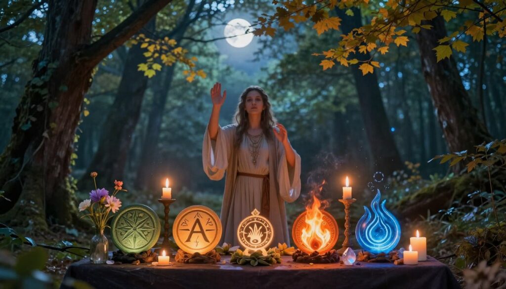 A mystical and serene setting showcasing the significance of elemental symbols in Wicca. In the foreground, a beautifully arranged altar adorned with symbols representing the four elements: earth, air, fire, and water, intricately carved and glowing softly. Delicate flowers, candles, and crystals enhance the scene. The middle ground features an ethereal figure, dressed in modest, flowing robes, gracefully performing a ritual while surrounded by soft, flickering candlelight. The background reveals a tranquil forest bathed in moonlight, with trees displaying vibrant leaves, suggesting the energy of the earth. The atmosphere is enchanting and reflective, with gentle lighting casting magical shadows. Shot from a slightly elevated angle to capture the harmony of the elements and the ritualist amidst nature’s beauty. A mystical and serene setting showcasing the significance of elemental symbols in Wicca. In the foreground, a beautifully arranged altar adorned with symbols representing the four elements: earth, air, fire, and water, intricately carved and glowing softly. Delicate flowers, candles, and crystals enhance the scene. The middle ground features an ethereal figure, dressed in modest, flowing robes, gracefully performing a ritual while surrounded by soft, flickering candlelight. The background reveals a tranquil forest bathed in moonlight, with trees displaying vibrant leaves, suggesting the energy of the earth. The atmosphere is enchanting and reflective, with gentle lighting casting magical shadows. Shot from a slightly elevated angle to capture the harmony of the elements and the ritualist amidst nature’s beauty.