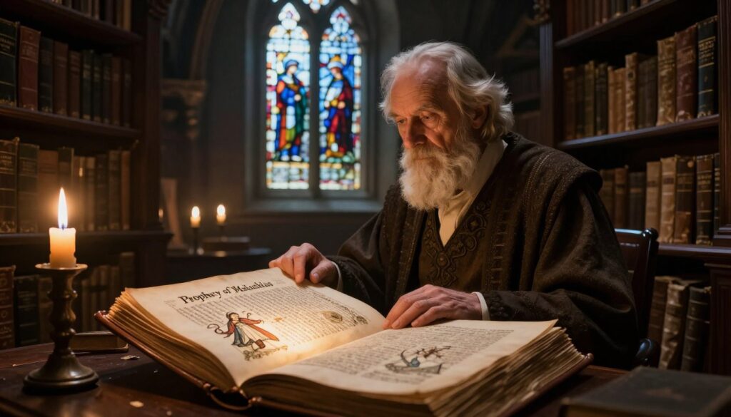 A mystical, atmospheric scene depicting the "Prophecy of Malachias" set in an ancient, dimly lit library filled with heavy wooden bookshelves overflowing with aged tomes. In the foreground, an open, ornate manuscript featuring intricate illustrations and handwritten Latin text emanates a soft, warm glow. In the middle, a wise, elderly scholar in modest, professional attire examines the manuscript with a look of deep contemplation, surrounded by faint candlelight casting soft shadows. The background reveals ancient stained glass windows filtering in ethereal, colorful light, hinting at historical significance. The mood is one of reverence and mystery, inviting viewers to ponder the prophecy’s connections to Poland and its rich history. The scene is captured with a medium angle, emphasizing depth and antiquity.