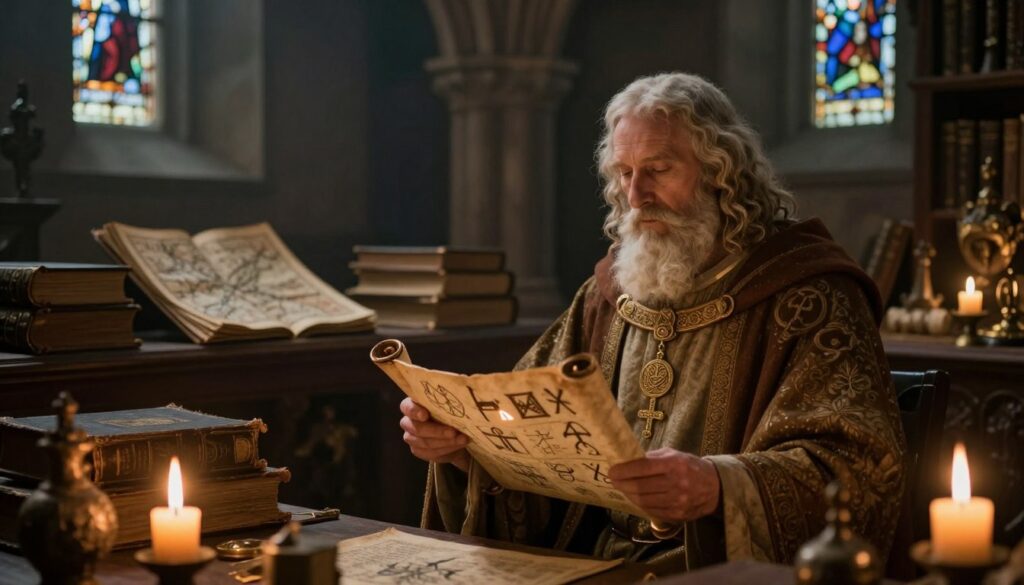 A mystical depiction of the origins and history of the Prophecy of Saint Malachy, showcasing a wise, historical figure in elegant robes, holding an ancient scroll with illuminated symbols. In the foreground, the figure is surrounded by candlelight, casting a warm glow. The middle layer features a dimly lit, medieval library filled with old tomes, maps, and artifacts, hinting at a scholarly atmosphere of research and discovery. The background reveals faint outlines of church architecture, evoking the grandeur of the era, with stained glass windows filtering soft, colorful light. The mood is contemplative and mysterious, suggesting deep reflection on the significance of the prophecy and its implications for the future. Use soft focus and a slightly elevated angle to emphasize the depth of the ancient knowledge being explored.