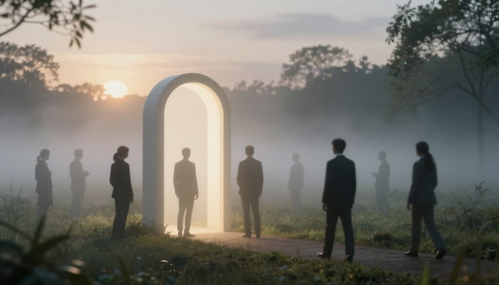 A mystical, ethereal setting representing the concept of liminality, featuring a transition point between two worlds. In the foreground, a softly glowing archway shimmers, symbolizing the threshold of change, surrounded by hazy, half-formed silhouettes of figures dressed in professional business attire, poised at the edge of the arch. The middle ground depicts a serene, misty landscape, with blurred edges of trees and grasses, suggesting a sense of movement from one state to another. In the background, the lighting shifts from bright, hopeful dawn to a shadowy dusk, symbolizing the duality of transformation. The atmosphere is contemplative and introspective, encouraging deeper reflection on the theme of transition and change. The scene is captured with a shallow depth of field, enhancing the dream-like quality. A mystical, ethereal setting representing the concept of liminality, featuring a transition point between two worlds. In the foreground, a softly glowing archway shimmers, symbolizing the threshold of change, surrounded by hazy, half-formed silhouettes of figures dressed in professional business attire, poised at the edge of the arch. The middle ground depicts a serene, misty landscape, with blurred edges of trees and grasses, suggesting a sense of movement from one state to another. In the background, the lighting shifts from bright, hopeful dawn to a shadowy dusk, symbolizing the duality of transformation. The atmosphere is contemplative and introspective, encouraging deeper reflection on the theme of transition and change. The scene is captured with a shallow depth of field, enhancing the dream-like quality.