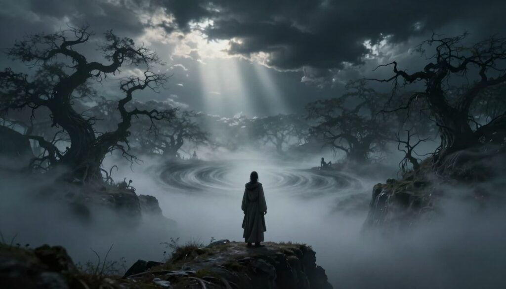 A mystical landscape symbolizing spiritual dangers in the end times. In the foreground, a haunting figure in modest, flowing garments stands at the edge of a misty cliff, gazing into a swirling, dark vortex representing chaos and temptation. The middle ground features shadowy trees, their branches twisting ominously, shrouded in a soft, ethereal fog. In the background, dark storm clouds gather, partially illuminated by shafts of eerie, otherworldly light breaking through, casting dramatic shadows. The atmosphere is tense and foreboding, evoking a sense of urgency. Utilize a cinematic perspective with a shallow depth of field to emphasize the foreboding figure while keeping the chaotic environment in sharp focus. The lighting should be dim and moody, enhancing the overall sense of spiritual peril.