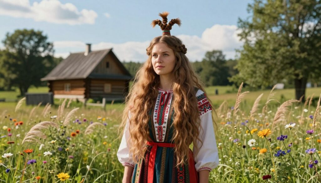A mystical scene depicting a traditional Polish rural setting, highlighting a woman with long, unkempt hair adorned with a prominent kołtun, symbolizing ancient beliefs. In the foreground, she stands confidently, draped in a colorful folk dress. The middle ground features a serene landscape with blooming wildflowers and tall, swaying grass under a bright blue sky. The background shows a rustic wooden cottage surrounded by lush greenery, reminiscent of an earlier era. Soft, warm sunlight bathes the scene, creating a magical and enchanting atmosphere. Capture a slightly elevated angle to emphasize the hair's intricate knots and to evoke a sense of wonder and curiosity about its folkloric significance.