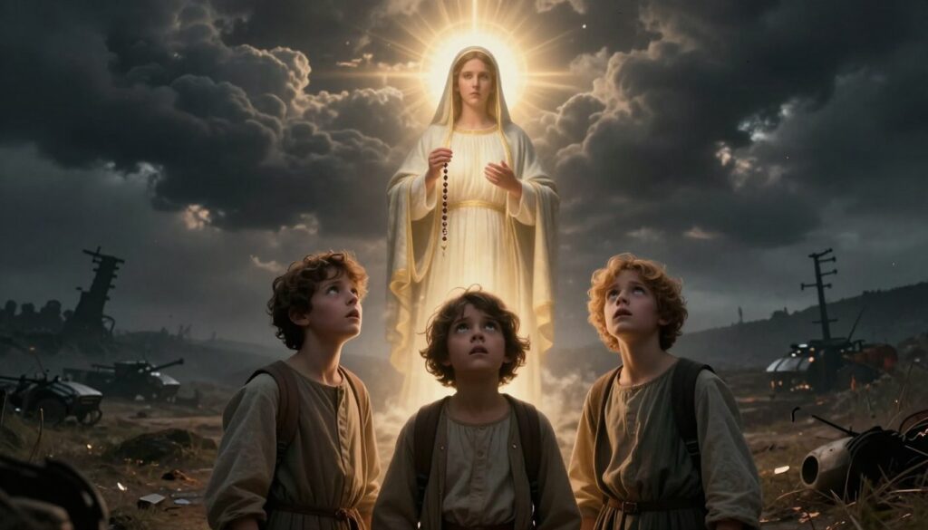A mystical scene depicting the Fatima apparitions intertwined with the ominous theme of a looming global conflict. In the foreground, three children in modest attire gaze upward, their expressions a mixture of awe and fear, surrounded by ethereal light. The middle ground features a visionary figure cloaked in radiant light, symbolizing hope, holding a rosary while dark clouds gather ominously in the sky, hinting at conflict. In the background, silhouettes of distant war-torn landscapes with faint outlines of military machinery can be seen. The atmosphere is charged with tension and anticipation, illuminated by a contrasting warm light filtering through the dark clouds, creating a surreal juxtaposition of faith and foreboding. Shot with a wide-angle lens to capture the expansive scene, enhancing the emotional impact. A mystical scene depicting the Fatima apparitions intertwined with the ominous theme of a looming global conflict. In the foreground, three children in modest attire gaze upward, their expressions a mixture of awe and fear, surrounded by ethereal light. The middle ground features a visionary figure cloaked in radiant light, symbolizing hope, holding a rosary while dark clouds gather ominously in the sky, hinting at conflict. In the background, silhouettes of distant war-torn landscapes with faint outlines of military machinery can be seen. The atmosphere is charged with tension and anticipation, illuminated by a contrasting warm light filtering through the dark clouds, creating a surreal juxtaposition of faith and foreboding. Shot with a wide-angle lens to capture the expansive scene, enhancing the emotional impact.