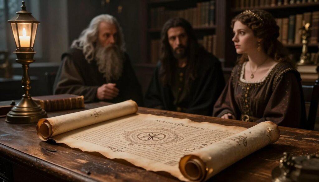 A mystical scene depicting the ancient prophecy of Malachiasz, featuring a scroll unfurling in the foreground, inscribed with cryptic symbols and intricate designs. The scroll rests on a weathered wooden table with soft, golden light illuminating it from an overhead lantern. In the middle ground, shadowy figures of a wise sage and an elegant woman in historical garments contemplate the prophecy, their expressions a mix of curiosity and reverence. In the background, a dimly lit library filled with old books and ancient artifacts, hinting at a connection to Poland's history. A serene, contemplative atmosphere pervades the image, inviting viewers to reflect on the significance of the prophecy. The composition focuses on the scroll and the characters while maintaining a soft depth of field, enhancing the mystery of the scene.