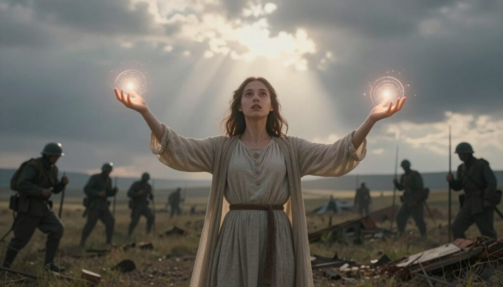 A mystical scene depicting the birth of clairvoyance set against a backdrop of war-torn landscapes. In the foreground, a young woman dressed in modest, flowing garments stands with her arms outstretched, surrounded by luminous orbs of light, symbolizing her awakening psychic abilities. Her expression is one of wonder and concentration, highlighting her connection to the unseen. In the middle ground, shadows of soldiers and ruins loom, hinting at the recent conflicts that have shaped her insights. The background showcases a cloudy sky, with rays of light breaking through, illuminating the scene with a hopeful glow. Use soft, ethereal lighting with a slightly blurred depth of field to enhance the mystical atmosphere, conveying both the weight of past experiences and the promise of a new beginning.
