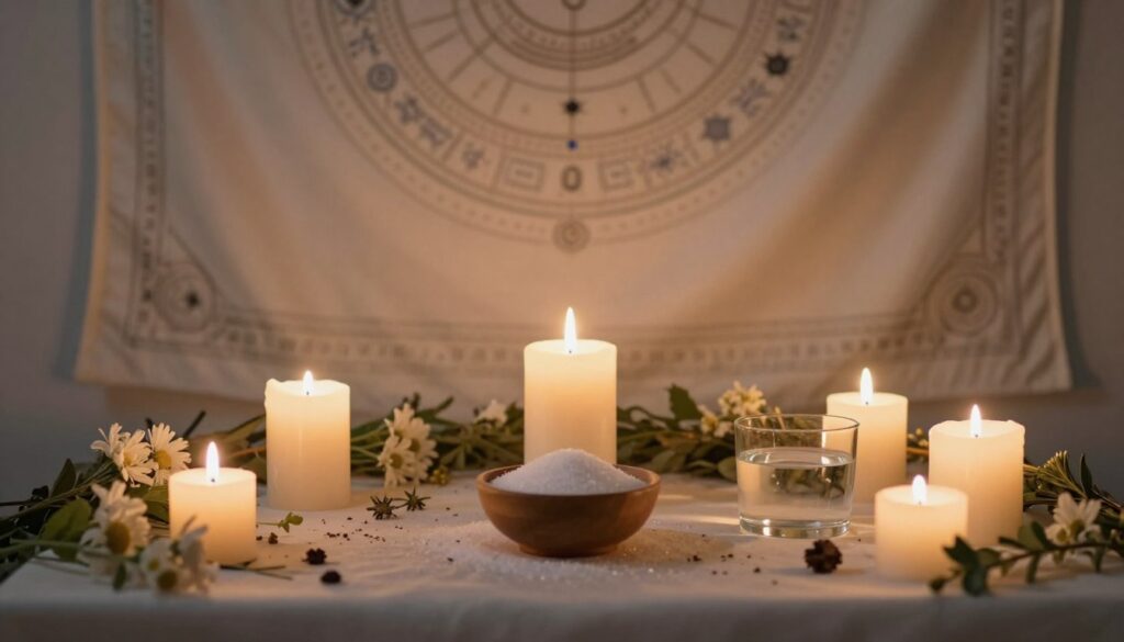 A mystical scene depicting the origins of love magic, featuring a serene indoor altar. In the foreground, there’s a beautifully arranged altar with candles, a small bowl of sugar, and a clear container of water, illuminated by soft, warm candlelight. The middle ground reveals delicate flowers and herbs sprinkled around the altar, hinting at ancient traditions. In the background, a gentle tapestry with intricate patterns and celestial motifs drapes the wall, exuding an air of mystery. The lighting is soft and ethereal, casting gentle shadows, while a close-up view gives a sense of intimacy. The atmosphere is enchanting and tranquil, inviting viewers into the world of love rituals, while evoking feelings of hope and connection.