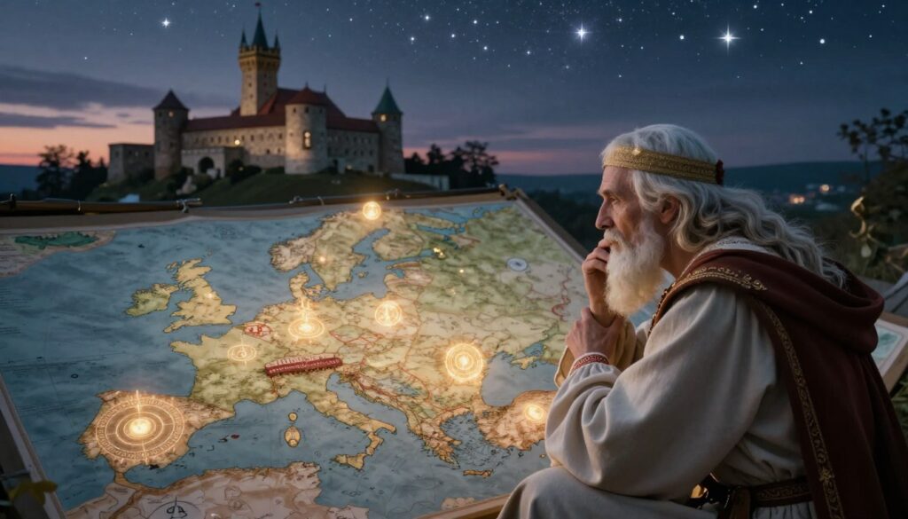 A mystical scene depicting the significance of prophecies for Poland and the contemporary world. In the foreground, a wise figure dressed in elegant, traditional attire is deep in contemplation, symbolizing guidance and wisdom. The middle ground features a map of Poland intertwined with ethereal symbols representing divine predictions, glowing softly in golden light. The background showcases an ancient castle under a twilight sky filled with stars, suggesting a connection between history and the cosmos. The atmosphere is contemplative and mysterious, with ethereal, diffused lighting creating a sense of reverence. Use a slightly elevated angle to offer a panoramic view of this symbolic landscape, emphasizing the fusion of past and future. A mystical scene depicting the significance of prophecies for Poland and the contemporary world. In the foreground, a wise figure dressed in elegant, traditional attire is deep in contemplation, symbolizing guidance and wisdom. The middle ground features a map of Poland intertwined with ethereal symbols representing divine predictions, glowing softly in golden light. The background showcases an ancient castle under a twilight sky filled with stars, suggesting a connection between history and the cosmos. The atmosphere is contemplative and mysterious, with ethereal, diffused lighting creating a sense of reverence. Use a slightly elevated angle to offer a panoramic view of this symbolic landscape, emphasizing the fusion of past and future.