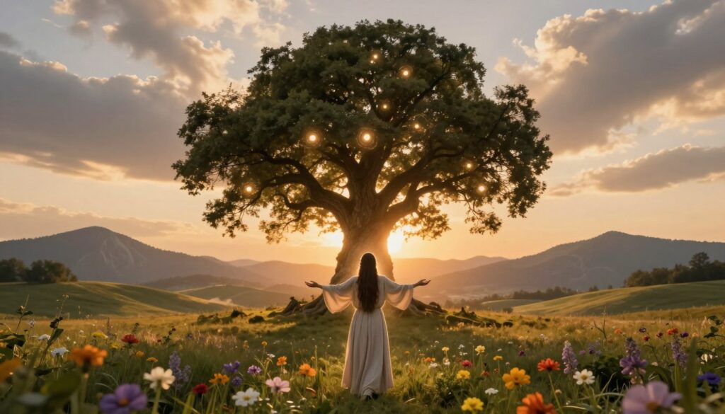 A mystical scene depicting the spiritual rebirth of Poland inspired by the prophecies of the Queen of Sheba. In the foreground, a serene figure dressed in modest, elegant attire stands with arms outstretched, surrounded by vibrant flowers symbolizing growth and renewal. The middle ground features a majestic, ancient tree, its branches adorned with glowing orbs representing wisdom and enlightenment. In the background, a soft sunset bathes the landscape in warm golden hues, with rolling hills and distant, ethereal mountains. The atmosphere is tranquil yet filled with hope, as gentle rays of light break through the clouds, illuminating the scene. Use a wide-angle lens to capture the expansive landscape, ensuring clear focus on the figure and tree, evoking a sense of peace and potential. A mystical scene depicting the spiritual rebirth of Poland inspired by the prophecies of the Queen of Sheba. In the foreground, a serene figure dressed in modest, elegant attire stands with arms outstretched, surrounded by vibrant flowers symbolizing growth and renewal. The middle ground features a majestic, ancient tree, its branches adorned with glowing orbs representing wisdom and enlightenment. In the background, a soft sunset bathes the landscape in warm golden hues, with rolling hills and distant, ethereal mountains. The atmosphere is tranquil yet filled with hope, as gentle rays of light break through the clouds, illuminating the scene. Use a wide-angle lens to capture the expansive landscape, ensuring clear focus on the figure and tree, evoking a sense of peace and potential.