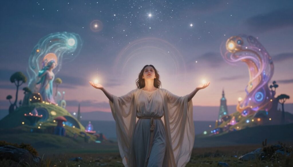 A mystical scene depicting the transformation of Fulla Horak, capturing her journey from atheism to spiritual revelations. In the foreground, a figure resembling a woman in modest, flowing garments, standing with open arms, embracing a radiant light. Her expression is one of awe and serenity. In the middle ground, swirling ethereal energies and visions of the afterlife materializing, featuring whimsical landscapes and celestial elements, symbolizing enlightenment. The background shows a twilight sky filled with shimmering stars, creating a tranquil and dreamlike atmosphere. Soft, diffused lighting enhances the mystical quality, with a slightly blurred focus on the background to draw attention to the foreground figure. The overall mood is one of profound introspection and spiritual awakening.