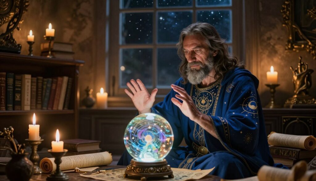 A mystical scene featuring a clairvoyant named Nazar, sitting in an elegantly adorned room filled with glowing orbs and ancient scrolls. In the foreground, Nazar is depicted as a middle-aged man with a wise expression, wearing a deep blue robe adorned with celestial symbols. His hands are raised as he gazes into a crystal ball, which reflects swirling visions of futures. The middle ground showcases shelves filled with esoteric books and candles casting flickering shadows, creating an atmosphere of mystery and intrigue. In the background, a large window reveals a starry night sky, enhancing the mystical ambiance. The scene is softly lit with warm golden tones, giving an otherworldly glow, evoking a sense of reverence and curiosity about Nazar's psychic gifts. A mystical scene featuring a clairvoyant named Nazar, sitting in an elegantly adorned room filled with glowing orbs and ancient scrolls. In the foreground, Nazar is depicted as a middle-aged man with a wise expression, wearing a deep blue robe adorned with celestial symbols. His hands are raised as he gazes into a crystal ball, which reflects swirling visions of futures. The middle ground showcases shelves filled with esoteric books and candles casting flickering shadows, creating an atmosphere of mystery and intrigue. In the background, a large window reveals a starry night sky, enhancing the mystical ambiance. The scene is softly lit with warm golden tones, giving an otherworldly glow, evoking a sense of reverence and curiosity about Nazar's psychic gifts.