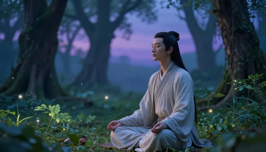 A mystical scene illustrating the symbolism of the left ear in folk beliefs. In the foreground, a serene figure sits cross-legged, meditating, wearing simple yet elegant traditional attire, with their left ear subtly highlighted. In the middle ground, the lush greenery of a forest surrounds the figure, with ethereal glow and soft sparkles, suggesting whispers of folklore. In the background, soft, blurred silhouettes of ancient trees stretch towards a twilight sky painted with hues of blue and purple, creating a tranquil yet enigmatic atmosphere. The lighting is soft and enchanting, reminiscent of moonlight filtering through the leaves, creating a peaceful and reflective mood, with a slight focus on the figure’s expression of contemplation and calmness. A mystical scene illustrating the symbolism of the left ear in folk beliefs. In the foreground, a serene figure sits cross-legged, meditating, wearing simple yet elegant traditional attire, with their left ear subtly highlighted. In the middle ground, the lush greenery of a forest surrounds the figure, with ethereal glow and soft sparkles, suggesting whispers of folklore. In the background, soft, blurred silhouettes of ancient trees stretch towards a twilight sky painted with hues of blue and purple, creating a tranquil yet enigmatic atmosphere. The lighting is soft and enchanting, reminiscent of moonlight filtering through the leaves, creating a peaceful and reflective mood, with a slight focus on the figure’s expression of contemplation and calmness.