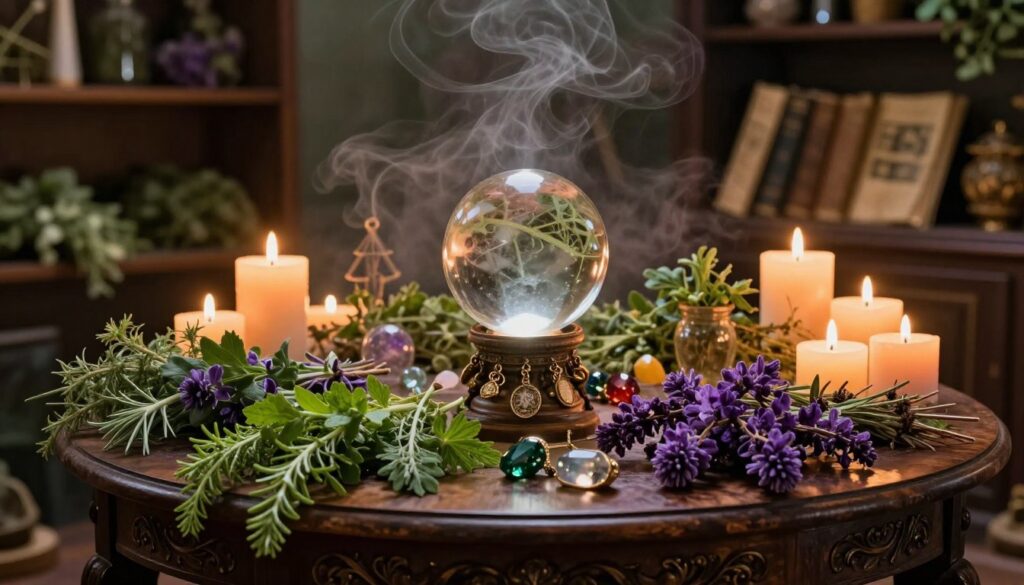 A mystical scene showcasing magical practices with herbs and candles. In the foreground, an intricately designed wooden table holds a variety of vibrant herbs, their colors vivid greens and deep purples. A cluster of lit candles in different sizes casts a warm, flickering glow, creating an enchanting atmosphere. The middle ground features a crystal ball reflecting the light, surrounded by delicate charms and small gemstones, symbolizing abundance and prosperity. In the background, a dimly lit room filled with shelves of dried herbs and ancient books, conveying an air of ancient wisdom and spirituality. Soft, ethereal lighting enhances the mood, while a gentle mist swirls around, adding to the mystical ambiance.