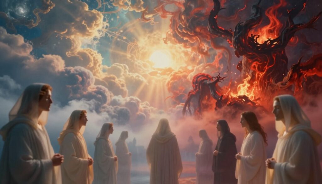 A mystical vision illustrating the concepts of purgatory, heaven, and hell, inspired by the writings of a spiritual mystic. In the foreground, ethereal figures in humble, flowing robes depict souls in a tranquil state of reflection, with soft, warm light illuminating their faces. In the middle, a vivid contrast of vibrant, celestial landscapes representing heaven, filled with radiant clouds and gentle golden rays, merges with darker, tumultuous scenes of hell, characterized by fiery reds and stark shadows. The background features abstract representations of spiritual realms, blending smoothly into each other. The composition should evoke a sense of contemplative mystery and transformation, with a focus on harmonious lighting that conveys both hope and introspection, captured through a soft-focus lens for a dreamlike quality.