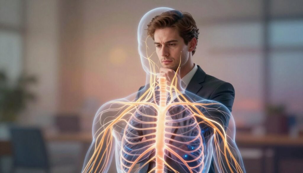 A neural network diagram intricately woven into a serene human silhouette, depicting the intricate role of the nervous system in belief change. In the foreground, vibrant neural pathways glow brightly, symbolizing active engagement and transformation. The middle layer features a thoughtful individual wearing business attire, with a calm expression, reflecting deep contemplation. The background fades into a soft, abstract blend of warm colors, representing positive emotions and confidence. Gentle lighting casts an ethereal glow, enhancing the atmosphere of introspection and transformation. The angle is slightly elevated, providing a panoramic view of the neural connections and the subject. The image conveys a sense of empowerment and growth, illustrating the interplay between the nervous system and self-belief.