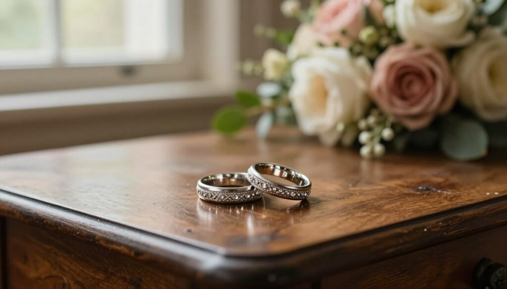 A pair of elegant wedding rings, intricately designed with delicate patterns and sparkling gemstones, positioned on an antique wooden table. The rings are bathed in soft, warm lighting emanating from a nearby window, casting subtle reflections. In the background, gently blurred floral arrangements in soft pastels symbolize love and tradition. The atmosphere conveys a sense of nostalgia and reverence, reflecting the important symbolism of family heirlooms in a wedding ceremony. The image captures a close-up perspective, focusing on the rings while hinting at the solemnity of an imminent wedding ceremony. Soft focus enhances the mood, suggesting a blend of joy and an awareness of superstition, inviting the viewer to contemplate the traditions surrounding wedding rings.