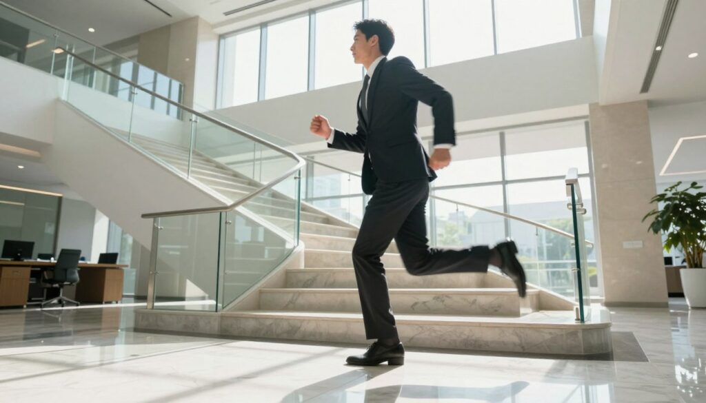 A person dressed in professional business attire is energetically running up a large, modern staircase in a well-lit office building. The foreground captures the individual's determined expression with dynamic movement, showcasing the motion blur of their legs to emphasize speed. In the middle ground, the staircase is adorned with sleek design elements, including glass railings and a polished surface reflecting ambient light. In the background, large windows allow natural light to flood the space, creating a bright and uplifting atmosphere. The scene conveys a sense of urgency and ambition, with shadows playing subtly across the marble floor to enhance depth. The angle is slightly low, emphasizing the height of the staircase and the ascent of the runner.