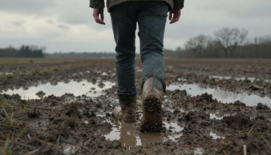 A person walking through a muddy landscape, depicting the struggle of navigating life's challenges. In the foreground, a pair of sturdy, mud-caked boots sink slightly into the wet earth, while the individual, dressed in modest casual clothing, raises their head, embodying determination and resilience. The middle ground features a gloomy, expansive field splattered with mud puddles that reflect a cloudy sky. In the background, a distant silhouette of barren trees adds to the sense of isolation. Soft, muted lighting creates a somber mood, evoking feelings of introspection and perseverance. The composition should be shot from a low angle to emphasize the muddy ground and the determination of the walker, capturing the essence of life's struggles through the metaphor of walking in mud. A person walking through a muddy landscape, depicting the struggle of navigating life's challenges. In the foreground, a pair of sturdy, mud-caked boots sink slightly into the wet earth, while the individual, dressed in modest casual clothing, raises their head, embodying determination and resilience. The middle ground features a gloomy, expansive field splattered with mud puddles that reflect a cloudy sky. In the background, a distant silhouette of barren trees adds to the sense of isolation. Soft, muted lighting creates a somber mood, evoking feelings of introspection and perseverance. The composition should be shot from a low angle to emphasize the muddy ground and the determination of the walker, capturing the essence of life's struggles through the metaphor of walking in mud.