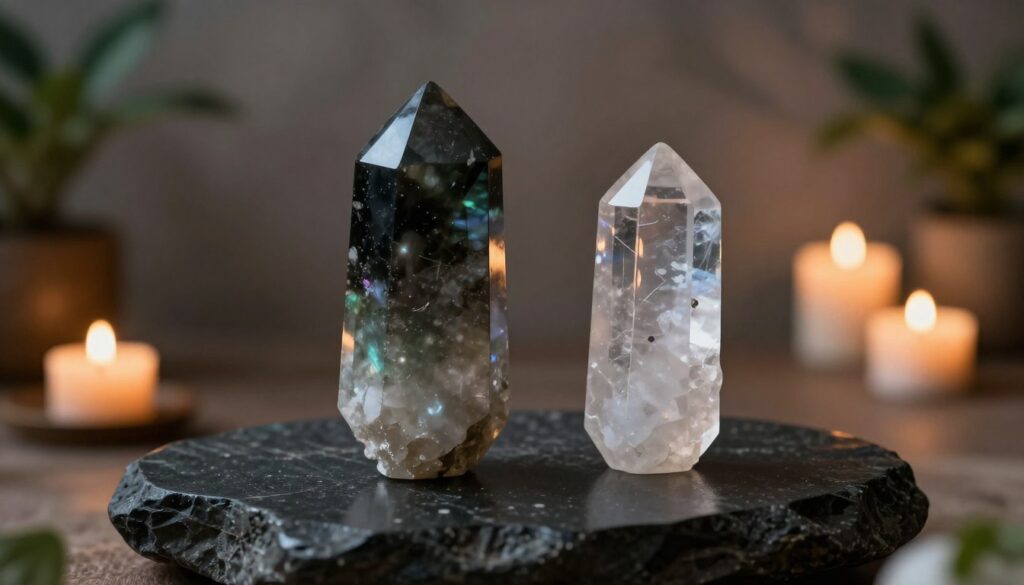 A polished obsidian crystal and a clear quartz crystal are nestled on a smooth, dark stone altar. In the foreground, the obsidian sparkles with an iridescent sheen under soft candlelight, while the translucent quartz reflects subtle hues. The background features a dimly lit, serene room adorned with natural elements like softly glowing candles and green plants, creating a tranquil atmosphere. Shadows dance gently on the walls, enhancing the mystique. The scene is shot from a slightly elevated angle, emphasizing the crystals' clarity and beauty. The overall mood is one of calmness and introspection, embodying the essence of emotional release through mineral healing. A polished obsidian crystal and a clear quartz crystal are nestled on a smooth, dark stone altar. In the foreground, the obsidian sparkles with an iridescent sheen under soft candlelight, while the translucent quartz reflects subtle hues. The background features a dimly lit, serene room adorned with natural elements like softly glowing candles and green plants, creating a tranquil atmosphere. Shadows dance gently on the walls, enhancing the mystique. The scene is shot from a slightly elevated angle, emphasizing the crystals' clarity and beauty. The overall mood is one of calmness and introspection, embodying the essence of emotional release through mineral healing.