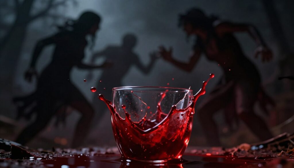 A rich and symbolic depiction of blood, representing intense emotions and the concept of violence in dreams. In the foreground, a vibrant splash of deep red liquid cascades from a broken glass, symbolizing raw emotion. The middle ground features shadowy, blurred figures engaged in a heated, abstract struggle, conveying a sense of conflict and turmoil. The background is a dark, moody landscape with hints of a starry sky, contrasting the foreground's vivid colors, evoking a tension between darkness and light. Soft, dramatic lighting highlights the texture of the blood and glass, adding depth and intensity. The overall atmosphere should feel evocative and haunting, inviting contemplation about the complexities of fear and emotion. A rich and symbolic depiction of blood, representing intense emotions and the concept of violence in dreams. In the foreground, a vibrant splash of deep red liquid cascades from a broken glass, symbolizing raw emotion. The middle ground features shadowy, blurred figures engaged in a heated, abstract struggle, conveying a sense of conflict and turmoil. The background is a dark, moody landscape with hints of a starry sky, contrasting the foreground's vivid colors, evoking a tension between darkness and light. Soft, dramatic lighting highlights the texture of the blood and glass, adding depth and intensity. The overall atmosphere should feel evocative and haunting, inviting contemplation about the complexities of fear and emotion.