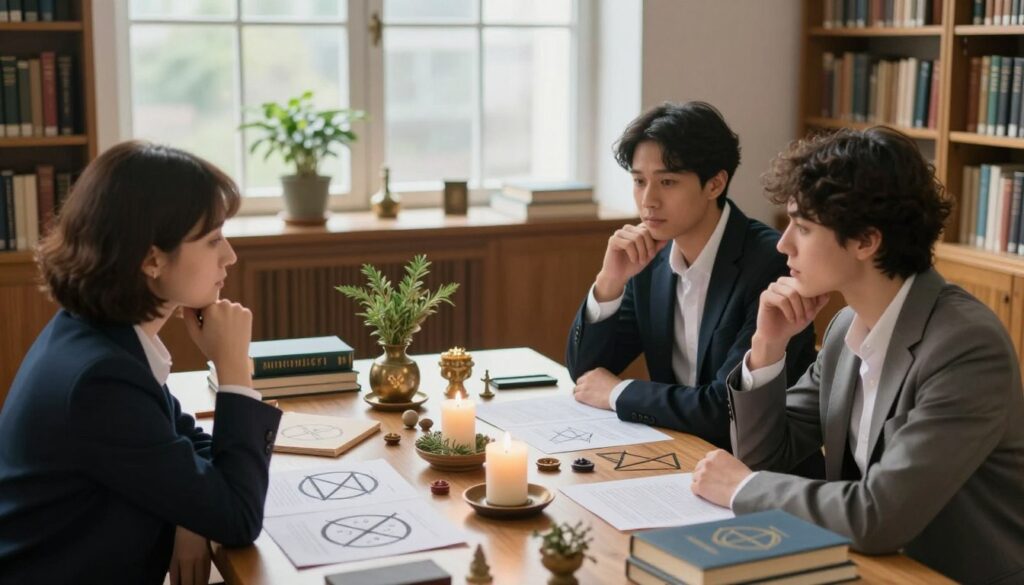 A scientific perspective on Wiccan rituals, illustrated through a balanced composition. In the foreground, a group of three individuals in professional attire, engaged in thoughtful discussion, surrounded by books and research papers on Wiccan symbols. In the middle, a table displays various ritual items like candles, herbs, and symbols, inviting careful examination. The background features a serene library atmosphere, with large windows allowing soft, natural light to illuminate the scene. The angle is slightly elevated, providing a clear view of the details. The mood is contemplative and respectful, blending the academic with the mystical, emphasizing the thoughtful exploration of personal experiences within a scientific framework. A scientific perspective on Wiccan rituals, illustrated through a balanced composition. In the foreground, a group of three individuals in professional attire, engaged in thoughtful discussion, surrounded by books and research papers on Wiccan symbols. In the middle, a table displays various ritual items like candles, herbs, and symbols, inviting careful examination. The background features a serene library atmosphere, with large windows allowing soft, natural light to illuminate the scene. The angle is slightly elevated, providing a clear view of the details. The mood is contemplative and respectful, blending the academic with the mystical, emphasizing the thoughtful exploration of personal experiences within a scientific framework.