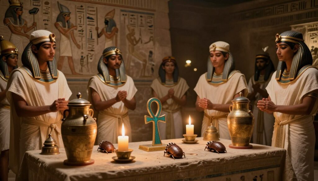A serene Egyptian ritual scene unfolds in a dimly lit chamber, showcasing essential ceremonial items. In the foreground, a beautifully adorned altar displays an array of symbolic objects: canopic jars, intricately carved scarabs, and a vibrant ankh, all illuminated by flickering candlelight, casting soft shadows. The middle ground features modestly dressed figures, wearing linen tunics, engaged in the ritual process, their expressions reflective and focused. Behind them, elegant hieroglyphics decorate the stone walls, depicting scenes of ancient gods and sacred practices. The background fades into darkness, heightening the atmosphere of reverence and mystery. The overall mood is tranquil yet reverent, creating an immersive experience of ancient spiritual preparation, captured using a warm color palette and soft focus to evoke a sense of timelessness.