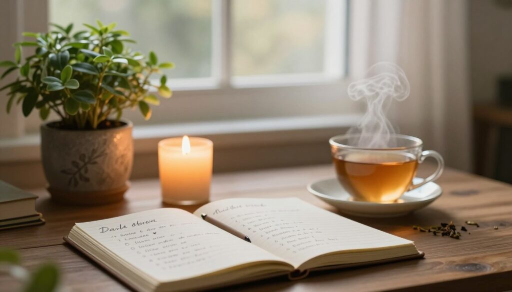 A serene and calming scene depicting the essence of daily affirmations, centered on a peaceful and picturesque desk setting. In the foreground, a beautifully arranged, open notebook filled with handwritten positive affirmations, accompanied by a gently glowing candle and a steaming cup of herbal tea. The middle ground showcases soft, lush greenery in a decorative pot, symbolizing growth and tranquility. In the background, a softly illuminated window reveals a gentle morning light filtering through sheer curtains, creating a warm and inviting atmosphere. The overall mood is one of tranquility and motivation, reflecting a serene lifestyle conducive to inner peace and confidence. The image should be composed with a soft focus to enhance a feeling of calmness, well-balanced lighting that highlights the warm tones, and a slight depth of field to draw attention to the foreground elements. A serene and calming scene depicting the essence of daily affirmations, centered on a peaceful and picturesque desk setting. In the foreground, a beautifully arranged, open notebook filled with handwritten positive affirmations, accompanied by a gently glowing candle and a steaming cup of herbal tea. The middle ground showcases soft, lush greenery in a decorative pot, symbolizing growth and tranquility. In the background, a softly illuminated window reveals a gentle morning light filtering through sheer curtains, creating a warm and inviting atmosphere. The overall mood is one of tranquility and motivation, reflecting a serene lifestyle conducive to inner peace and confidence. The image should be composed with a soft focus to enhance a feeling of calmness, well-balanced lighting that highlights the warm tones, and a slight depth of field to draw attention to the foreground elements.