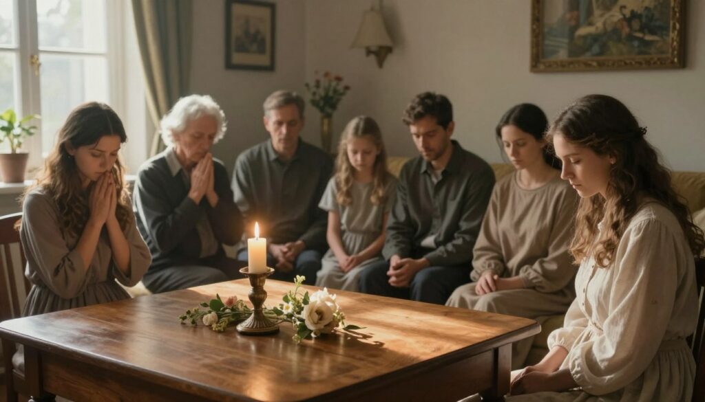 A serene and contemplative scene depicting a Sunday morning, infused with the themes of superstition and the significance of family in the face of loss. In the foreground, a wooden table is set with an ornate candle, symbolizing remembrance, surrounded by subtle floral arrangements. The middle ground features a family gathered in prayer, wearing modest, respectful clothing, their expressions reflecting solemnity and hope. In the background, soft sunlight filters through a window, casting gentle shadows and creating a tranquil atmosphere. The setting is a cozy living room adorned with traditional elements, enhancing the mood of ritual and reverence. Aim for a realistic painting style with warm tones, evoking a sense of peace and reflection on the symbolism of death on a Sunday. A serene and contemplative scene depicting a Sunday morning, infused with the themes of superstition and the significance of family in the face of loss. In the foreground, a wooden table is set with an ornate candle, symbolizing remembrance, surrounded by subtle floral arrangements. The middle ground features a family gathered in prayer, wearing modest, respectful clothing, their expressions reflecting solemnity and hope. In the background, soft sunlight filters through a window, casting gentle shadows and creating a tranquil atmosphere. The setting is a cozy living room adorned with traditional elements, enhancing the mood of ritual and reverence. Aim for a realistic painting style with warm tones, evoking a sense of peace and reflection on the symbolism of death on a Sunday.