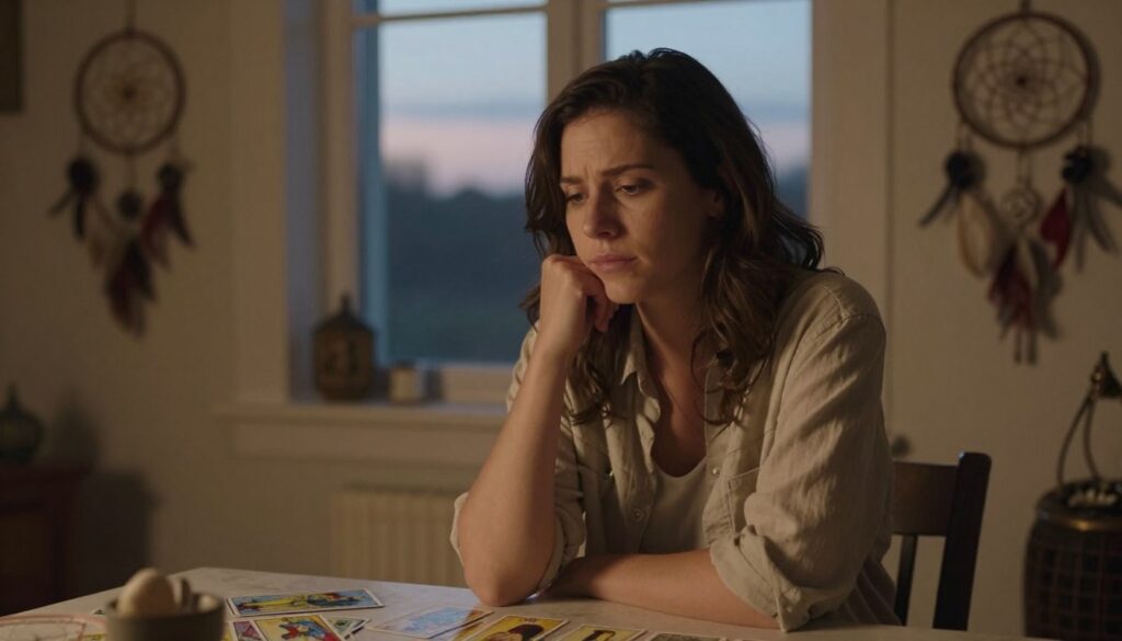 A serene and contemplative scene depicting a woman in her 30s, dressed in modest casual clothing, sitting at a table in a cozy, softly lit room. She appears deep in thought, with an expression reflecting both introspection and tension. Surrounding her are symbolic elements like dreamcatchers and scattered tarot cards, hinting at dream interpretation. In the background, a window reveals a twilight sky, casting gentle, warm light that enhances the emotional atmosphere. Subtle shadows create depth and warmth, while a slight focus blur emphasizes the woman in the foreground, creating a dreamy, reflective mood that connects to the theme of emotions associated with dreams. The overall atmosphere should inspire a sense of contemplation and mystery. A serene and contemplative scene depicting a woman in her 30s, dressed in modest casual clothing, sitting at a table in a cozy, softly lit room. She appears deep in thought, with an expression reflecting both introspection and tension. Surrounding her are symbolic elements like dreamcatchers and scattered tarot cards, hinting at dream interpretation. In the background, a window reveals a twilight sky, casting gentle, warm light that enhances the emotional atmosphere. Subtle shadows create depth and warmth, while a slight focus blur emphasizes the woman in the foreground, creating a dreamy, reflective mood that connects to the theme of emotions associated with dreams. The overall atmosphere should inspire a sense of contemplation and mystery.