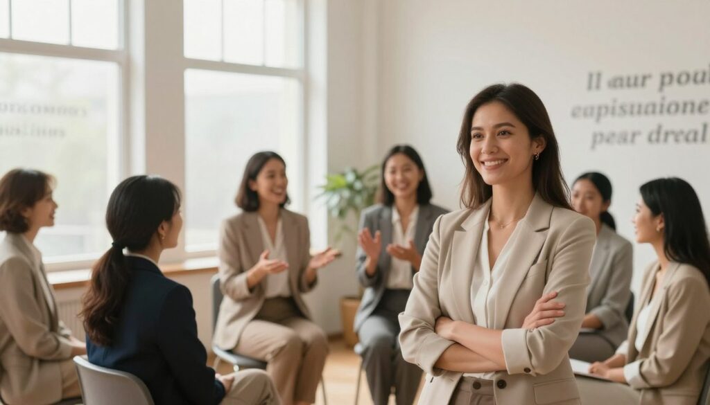 A serene and empowering scene depicting a diverse group of women in professional business attire gathered in a bright, softly lit room. The foreground showcases a woman standing confidently with her arms crossed, radiating self-assurance and positivity. In the middle ground, two women are engaged in an uplifting discussion, their expressions conveying joy and mutual support. The background features a large window with soft, natural light streaming in, illuminating motivational quotes subtly displayed in the decor. The atmosphere is warm and inviting, promoting a sense of community and empowerment. Use a wide-angle lens to capture the entire scene, enhancing the feeling of openness and connection among the women. The overall mood is uplifting and inspiring, symbolizing self-acceptance and inner strength.