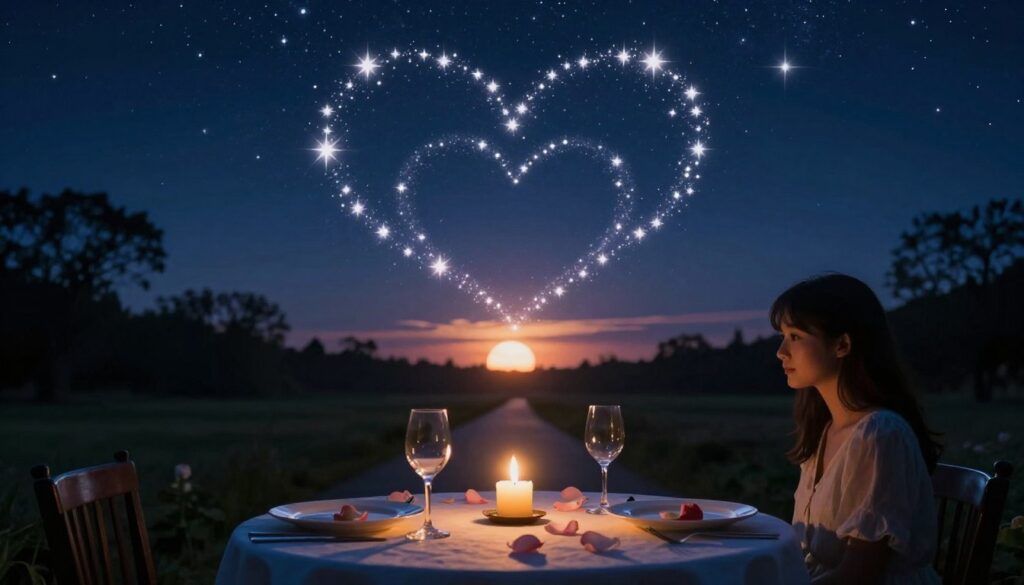 A serene and enchanting scene depicting love, symbolized by two intertwined hearts surrounded by sparkling stars against a deep night sky. In the foreground, a candlelit table set for two, featuring elegantly designed dinnerware and soft rose petals, suggesting intimacy and romance. The middle ground captures a starlit path leading to a horizon where the sun begins to rise, casting a warm golden light that evokes hope and new beginnings. In the background, silhouettes of trees create a tranquil atmosphere, partially illuminated by the gentle glow of the stars. The mood is dreamy and captivating, emphasizing the theme of love and relationships under the influence of the cosmos, captured with a soft focus lens to enhance the magical quality of the scene.