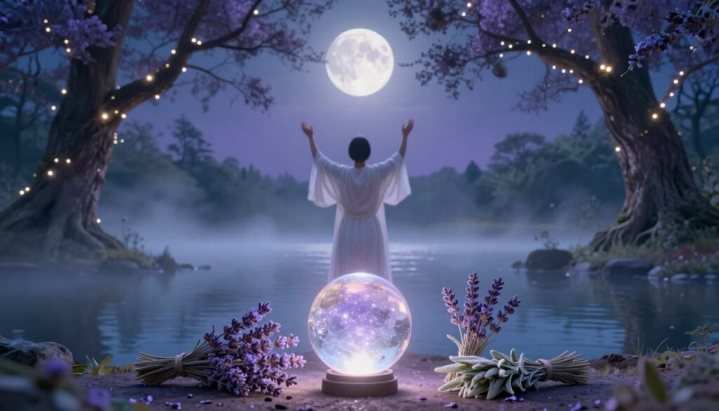 A serene and ethereal scene depicting the concept of energy cleansing. In the foreground, a glowing crystal ball radiates soft, luminescent light, surrounded by delicate lavender and sage bundles. In the middle, a calm figure dressed in modest, flowing white robes stands with arms raised, channeling energy toward the moonlit sky. The figure is framed by ancient trees adorned with twinkling lights, symbolizing connection to nature. In the background, a full moon casts a silvery glow over a tranquil lake, reflecting the mystical ambiance. The atmosphere is one of peace and renewal, with gentle mist rising from the water, enhancing the sense of harmony. Soft, diffused lighting brings out the calming colors of blues, purples, and silvers throughout the scene.