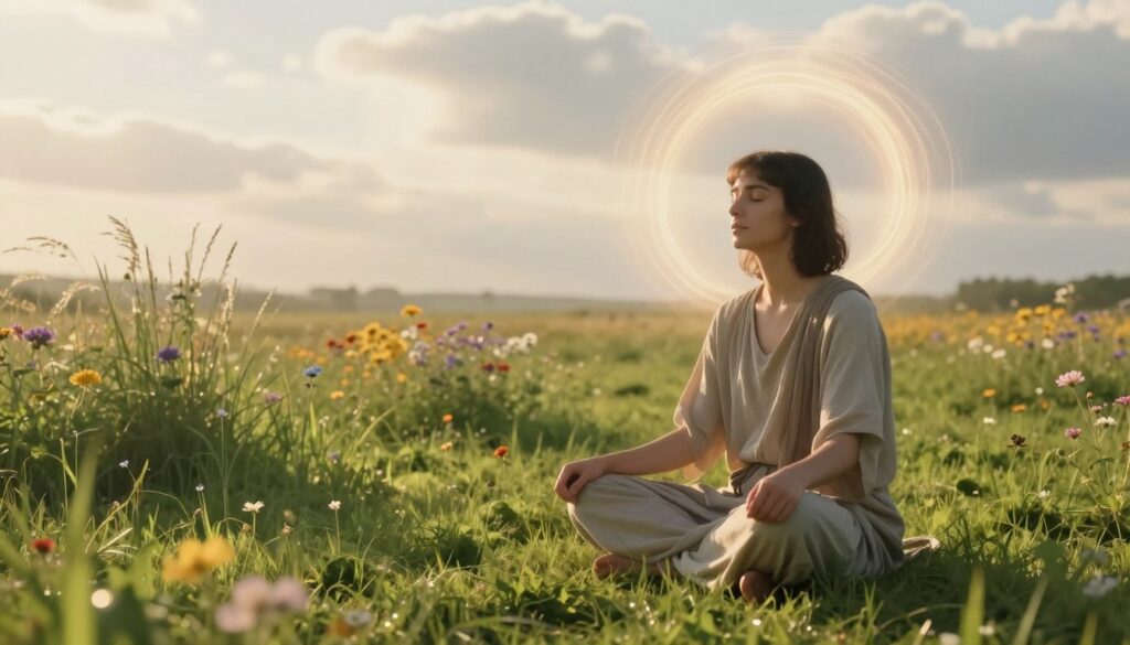 A serene and harmonious scene depicting the balance of body and soul. In the foreground, a gentle, contemplative figure in contemporary modest attire, with a peaceful expression, sits cross-legged on a lush green meadow. The middle ground features a soft blend of vibrant flowers and tall grasses, symbolizing life and vitality. In the background, ethereal swirls of light and soft cloud formations convey a sense of spirituality, suggesting a connection to higher realms. The lighting is warm and golden, indicating the early morning sun, casting long shadows and enhancing the tranquil atmosphere. The overall mood is one of peace, reflection, and a deep sense of connection to both nature and the divine. A serene and harmonious scene depicting the balance of body and soul. In the foreground, a gentle, contemplative figure in contemporary modest attire, with a peaceful expression, sits cross-legged on a lush green meadow. The middle ground features a soft blend of vibrant flowers and tall grasses, symbolizing life and vitality. In the background, ethereal swirls of light and soft cloud formations convey a sense of spirituality, suggesting a connection to higher realms. The lighting is warm and golden, indicating the early morning sun, casting long shadows and enhancing the tranquil atmosphere. The overall mood is one of peace, reflection, and a deep sense of connection to both nature and the divine.