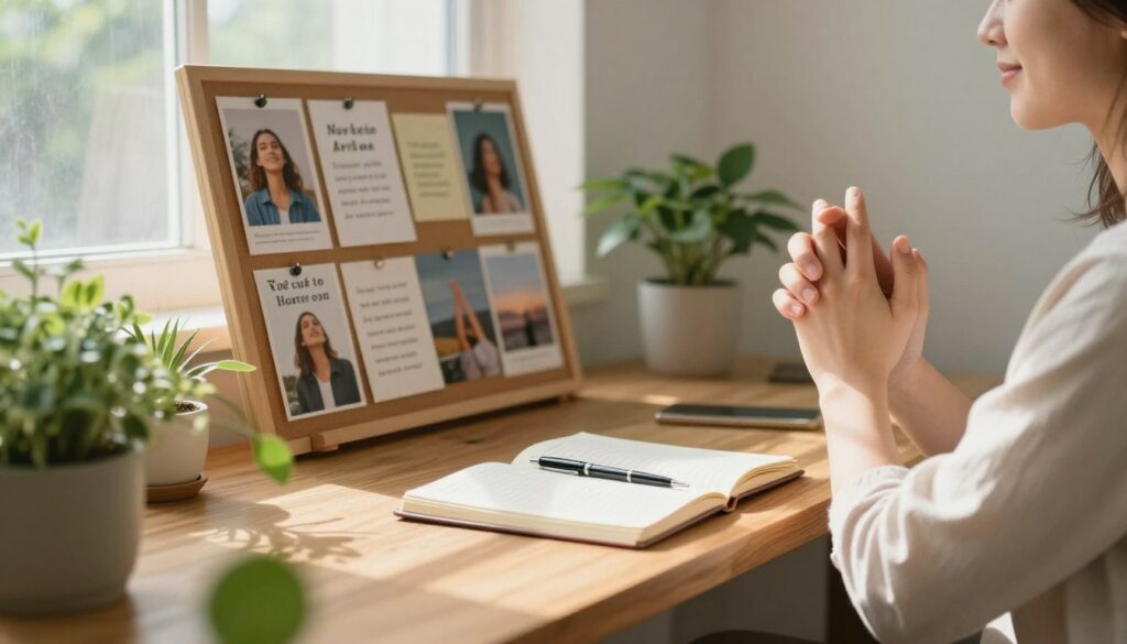 A serene and inspiring indoor setting, depicting a cozy workspace filled with natural light. In the foreground, a wooden desk with an open journal and a pen, surrounded by delicate green plants. A person in modest casual clothing sits peacefully, hands clasped in a thoughtful pose, radiating gratitude and positivity. In the middle ground, a calming vision board filled with positive affirmations and images of uplifting moments. The background features large windows with sunlight streaming through sheer curtains, casting soft shadows. The atmosphere is warm and encouraging, evoking a sense of mindfulness and tranquility. The image should have a soft focus to enhance the peaceful mood, with balanced lighting to create an inviting ambiance.