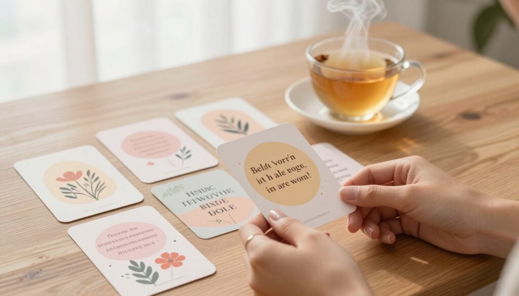 A serene and inspiring scene featuring a set of affirmation cards spread elegantly on a wooden table. The cards should be intricately designed with uplifting imagery and positive quotes, emphasizing themes of self-worth and empowerment for women. In the foreground, a pair of hands gently selects a card, showcasing a beautifully manicured hand, adorned with minimal jewelry. In the middle, a warm cup of herbal tea steams beside the cards, adding a sense of comfort and reflection. The background features soft, natural light filtering through sheer curtains, creating a calm and cozy atmosphere. The color palette should be warm pastels, evoking tranquility and positivity, while the overall mood is uplifting and encouraging.