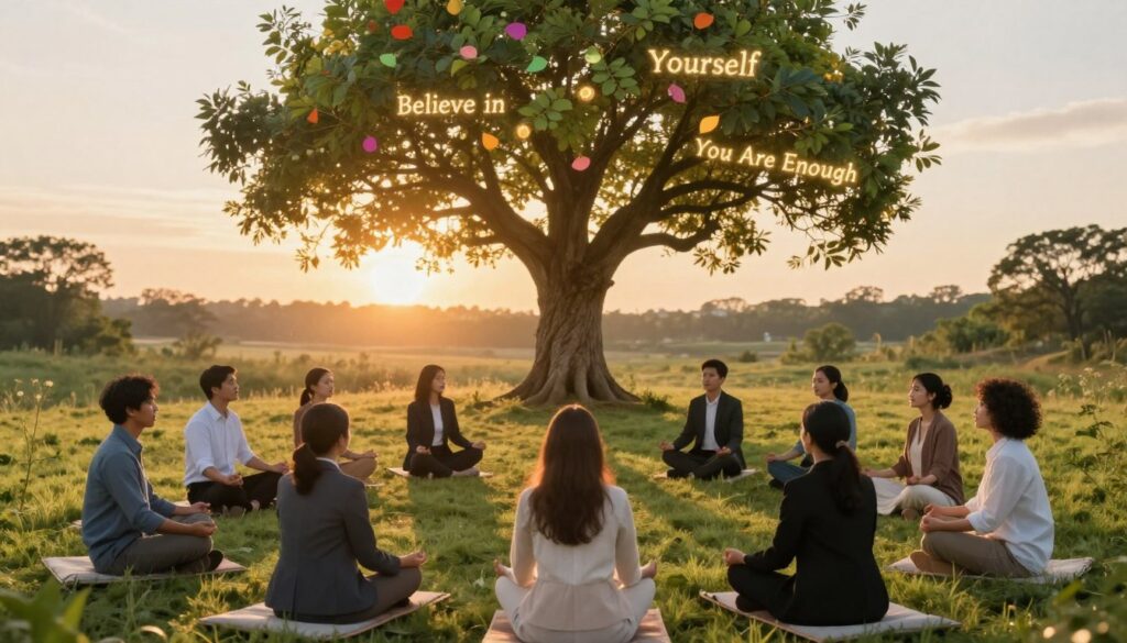 A serene and inspiring visualization scene illustrating the concept of affirmations. In the foreground, a diverse group of individuals sits in a circle, each immersed in deep thought and engaging in mediation. They are dressed in professional business attire and modest casual clothing. In the middle ground, a large, luminous tree symbolizing growth and positivity stretches its branches, adorned with vibrant leaves and glowing affirmations like “Believe in Yourself” and “You Are Enough” flowing gently on the breeze. The background features a soft sunrise over a tranquil landscape, casting warm golden light that creates a peaceful atmosphere. The angle is slightly elevated, showcasing the harmony between the participants and the nature around them, emphasizing the importance of visualization in positive thinking practices.