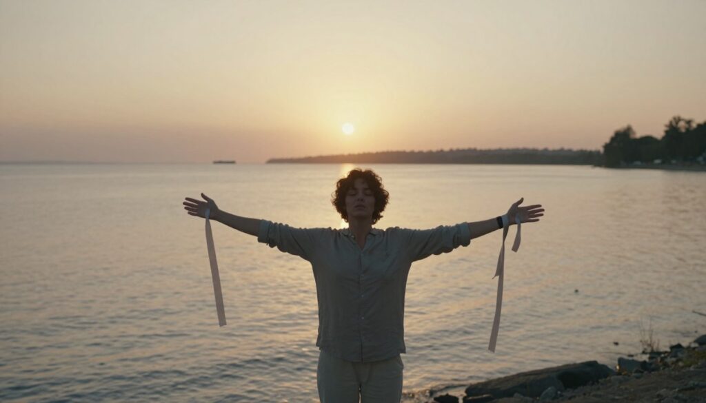A serene and introspective scene depicting the ritual of cutting ties with a toxic relationship. In the foreground, a person dressed in modest casual clothing stands with arms outstretched, releasing tied ribbons symbolizing emotional burdens. Their expression reflects calm determination. In the middle ground, a tranquil natural setting with soft, flowing water represents cleansing and renewal. The background features a distant horizon under a golden sunset, casting warm, soothing light. The atmosphere is peaceful, evoking a sense of release and inner strength. The composition should feel balanced, inviting the viewer to partake in this transformative moment. Use a wide-angle lens to capture the expansiveness of the scene, with soft, diffused lighting to enhance the calm mood.