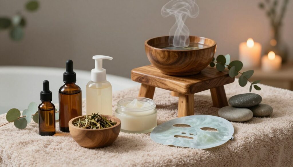 A serene and inviting home spa scene featuring essential accessories and cosmetics for a hammam ritual. In the foreground, display a beautifully arranged set of natural skincare products, including essential oils, herbal scrubs, and calming face masks, artfully placed on a soft, textured towel. In the middle, include a small wooden stool with a steaming bowl of herbal-infused water, surrounded by fresh eucalyptus leaves and a few smooth spa stones. The background should have soft, ambient lighting, with muted tones that create a tranquil atmosphere. A subtle reflection of soft candlelight adds warmth. Ensure the entire setup conveys a sense of relaxation and rejuvenation, evoking the calming experience of a traditional hammam. A serene and inviting home spa scene featuring essential accessories and cosmetics for a hammam ritual. In the foreground, display a beautifully arranged set of natural skincare products, including essential oils, herbal scrubs, and calming face masks, artfully placed on a soft, textured towel. In the middle, include a small wooden stool with a steaming bowl of herbal-infused water, surrounded by fresh eucalyptus leaves and a few smooth spa stones. The background should have soft, ambient lighting, with muted tones that create a tranquil atmosphere. A subtle reflection of soft candlelight adds warmth. Ensure the entire setup conveys a sense of relaxation and rejuvenation, evoking the calming experience of a traditional hammam.