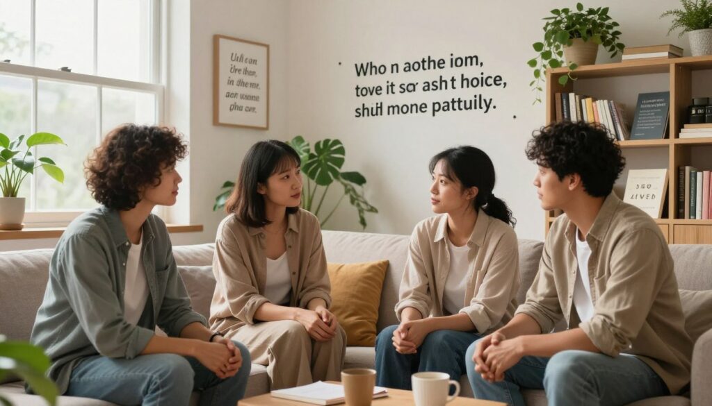 A serene and inviting indoor space, softly lit by warm, natural light streaming through large windows. In the foreground, a diverse group of three individuals dressed in modest casual attire are seated comfortably on a cozy couch, engaged in a supportive conversation, embodying encouragement and camaraderie during moments of doubt. In the middle ground, motivational quotes are artistically displayed on the walls, surrounded by lush indoor plants, creating a calming atmosphere. The background features a well-organized bookshelf filled with self-help books and resources. Overall, the scene radiates positivity and emotional support, capturing the essence of finding strength and motivation through uplifting words during challenging times. The composition should have a gentle, warm feel, inviting viewers to reflect on their own journeys.