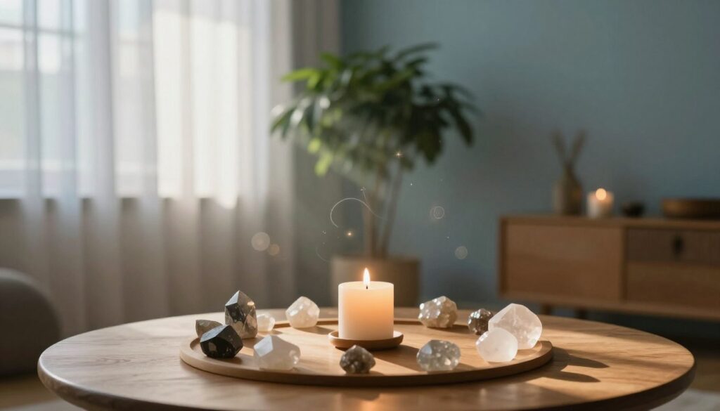 A serene and inviting space dedicated to energy work, featuring a circular arrangement of crystals and candles on a polished wooden table in the foreground. Soft, warm lighting enhances the tranquil atmosphere, with delicate rays of sunlight filtering through sheer curtains in the middle ground, illuminating a lush indoor plant. The background showcases a calming, minimalist room adorned with soothing colors, such as soft blues and earthy tones, evoking harmony and peace. The mood is reflective and hopeful, perfect for setting intentions. Include subtle symbols of energy, like gentle wisps of light or ethereal patterns, to suggest the flow and purity of energy in the environment. No people or text, just a harmonious energy space.