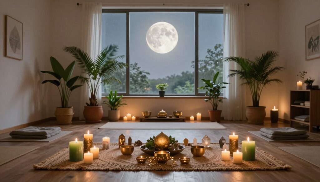 A serene and inviting space prepared for a wealth ritual during a full moon. In the foreground, a beautifully arranged altar adorned with gold and green candles, crystals, and symbolic items representing abundance. The middle layer features several potted plants and a soft, intricately woven mat where meditative practices can take place. In the background, a large window allows soft, silvery moonlight to pour into the room, casting gentle shadows. A subtle, ethereal glow enhances the atmosphere, creating a sense of tranquility and focus. The overall mood is peaceful and optimistic, reflecting readiness for spiritual engagement. The scene is captured with a wide-angle lens to showcase the expansive space, ensuring the lighting is warm and inviting, enhancing the feeling of preparation and abundance.