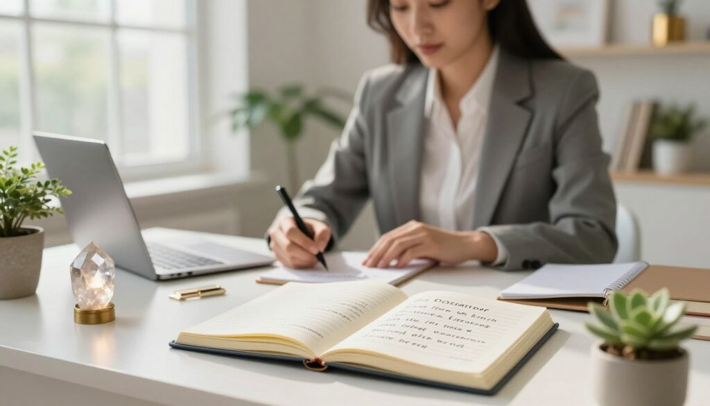 A serene and inviting workspace adorned with elements representing wealth and abundance. In the foreground, a beautifully arranged desk with an open notebook showcasing handwritten positive affirmations about financial success, surrounded by plants and a radiant crystal. In the middle, a person dressed in professional business attire, thoughtfully writing affirmations with a focused expression, seated at the desk. The background features large windows allowing soft, natural light to flood the space, illuminating golden accents in the decor. The atmosphere is calm and motivational, fostering a mindset of prosperity. The scene captures a sense of clarity and purpose, encouraging the viewer to embrace effective affirmations for financial growth. A serene and inviting workspace adorned with elements representing wealth and abundance. In the foreground, a beautifully arranged desk with an open notebook showcasing handwritten positive affirmations about financial success, surrounded by plants and a radiant crystal. In the middle, a person dressed in professional business attire, thoughtfully writing affirmations with a focused expression, seated at the desk. The background features large windows allowing soft, natural light to flood the space, illuminating golden accents in the decor. The atmosphere is calm and motivational, fostering a mindset of prosperity. The scene captures a sense of clarity and purpose, encouraging the viewer to embrace effective affirmations for financial growth.