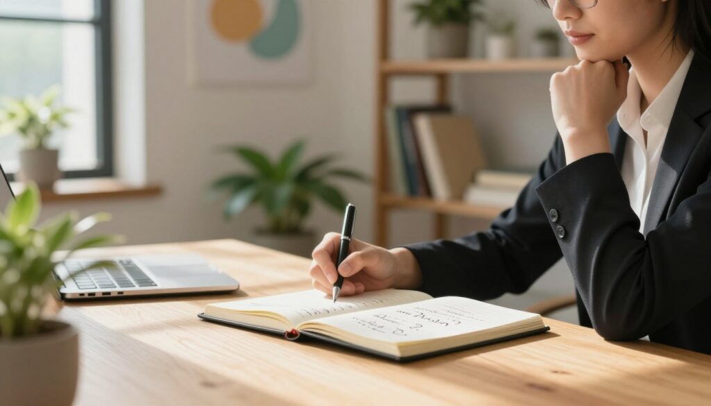 A serene and inviting workspace designed for self-reflection and inquiry, featuring a wooden desk with a notepad and pen, surrounded by plants and soft natural light streaming through a window. In the foreground, a person in professional business attire sits thoughtfully, their gaze directed towards an open notebook filled with handwritten questions and affirmations. In the middle ground, a calming atmosphere is enhanced by subtle art on the walls, showcasing abstract representations of growth and positivity. The background reveals shelves with motivational books and a gentle indoor plant, creating an atmosphere of tranquility and focus. Soft bokeh effect highlights the warmth and encourages introspection, while the overall mood conveys the power of inquiry in affirming one's beliefs and intentions.