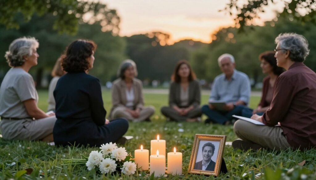 A serene and reflective scene capturing the essence of "memory of the deceased" in daily life. In the foreground, a set of three beautifully lit candles flickering softly, surrounded by fresh white flowers and a small photo frame with a black and white portrait of a loved one. In the middle ground, a diverse group of people, dressed in modest casual clothing or professional attire, gather in a peaceful park as they share stories and memories, their expressions conveying warmth and reverence. The background features lush greenery and a gentle sunset casting a golden hue over the scene, emphasizing an atmosphere of tranquility and remembrance. Soft, diffused lighting enhances the mood, creating a sense of connection and reflection on the significance of remembering those who have passed.
